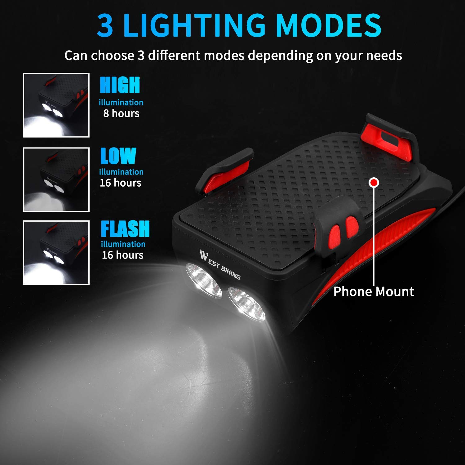 Αδιάβροχη USB Επαναφορτιζόμενη Βάση Κινητού Powerbank, Κόρνα & Φως Πορείας - Φακός LED 800lm Ποδηλάτου - LED Bicycle Horn Lamp Μαύρο